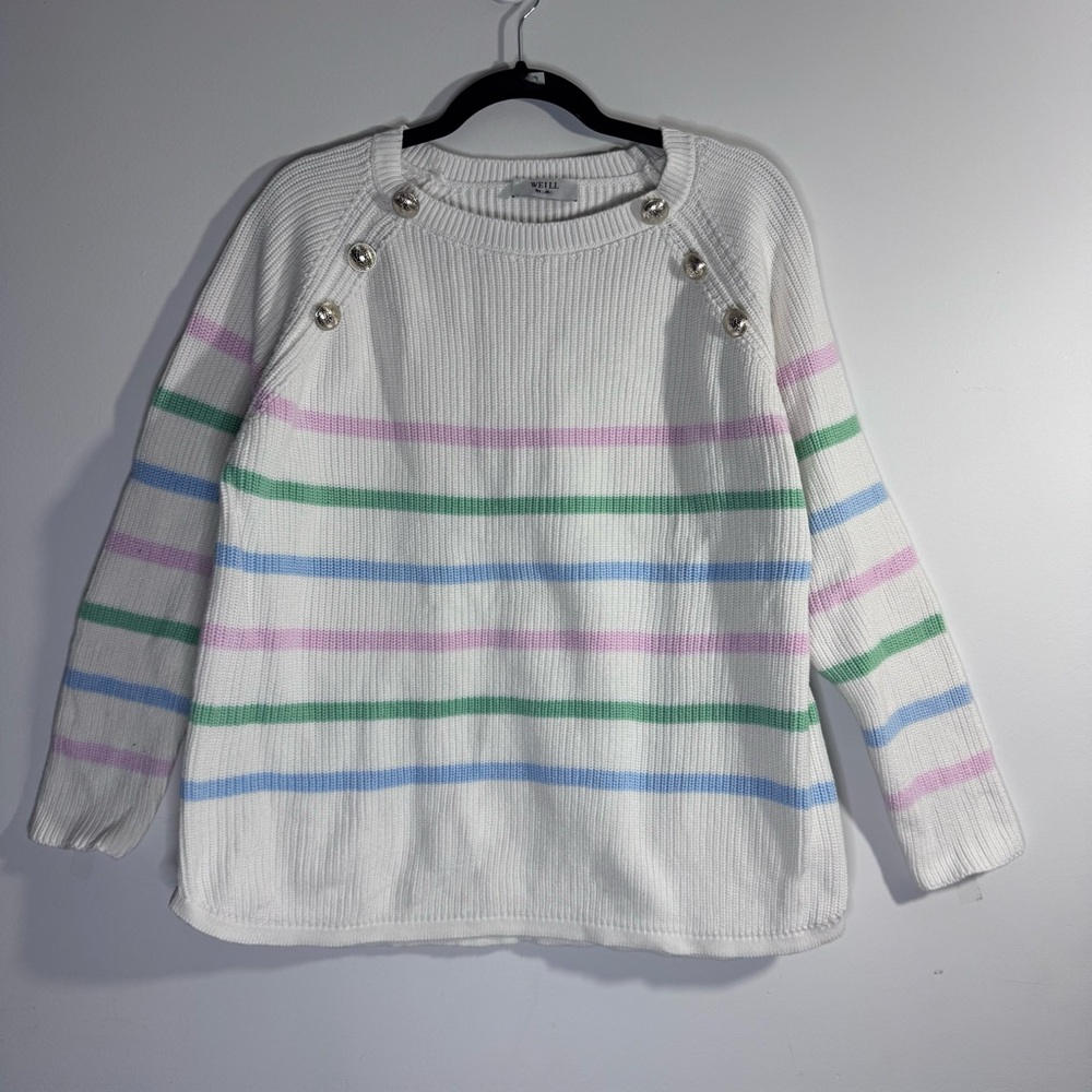WEILL Paris Striped Ribbed Sweater Button Shoulder Size L